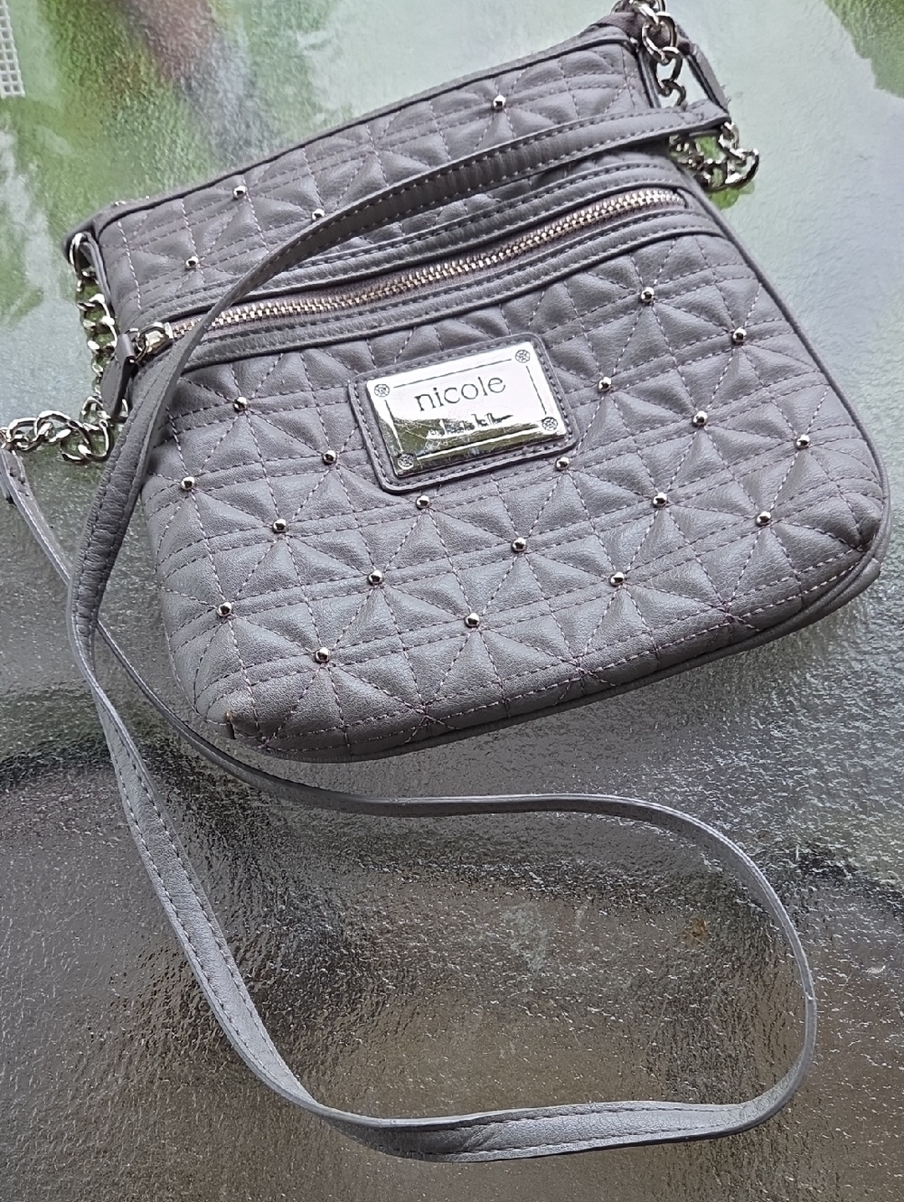 Nicole Miller Quilted Gray Crossbody Bag with Stud Detail ☆ Silver Metal Accents